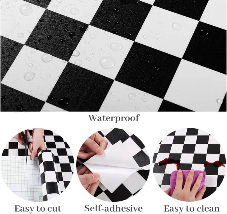 COWINLIFE 3d Black Checker Self Adhesive Wallpaper Rolls Furniture Renovation Pvc Peel & Stick Flooring Bathroom Wallpaper Waterproof detail 3
