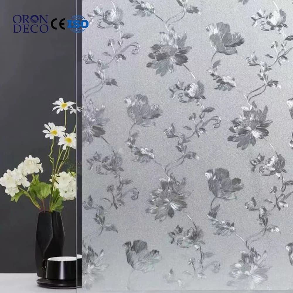 DECO Privacy Stained Hibiscus Flower Window Film 3D Decorative Stained Glass Film Adhesive Removable for Home Office Glass Door