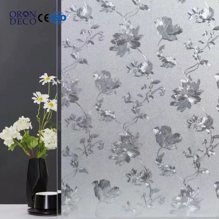 DECO Privacy Stained Hibiscus Flower Window Film 3D Decorative Stained Glass Film Adhesive Removable for Home Office Glass Door detail 1