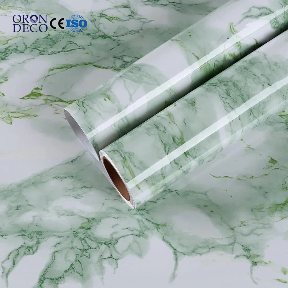 COWINLIFE DECO Glossy Green Peel and Stick Waterproof Marble Sticker for Kitchen Countertops Home Decor Self Adhesive Wallpaper Rolls