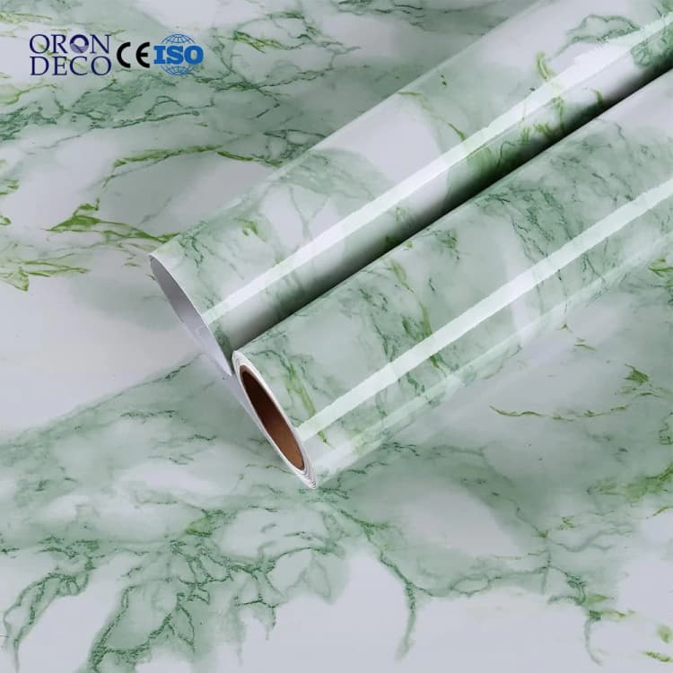COWINLIFE DECO Glossy Green Peel and Stick Waterproof Marble Sticker for Kitchen Countertops Home Decor Self Adhesive Wallpaper Rolls detail 1