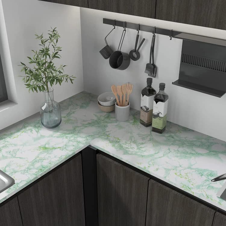COWINLIFE DECO Glossy Green Peel and Stick Waterproof Marble Sticker for Kitchen Countertops Home Decor Self Adhesive Wallpaper Rolls detail 2