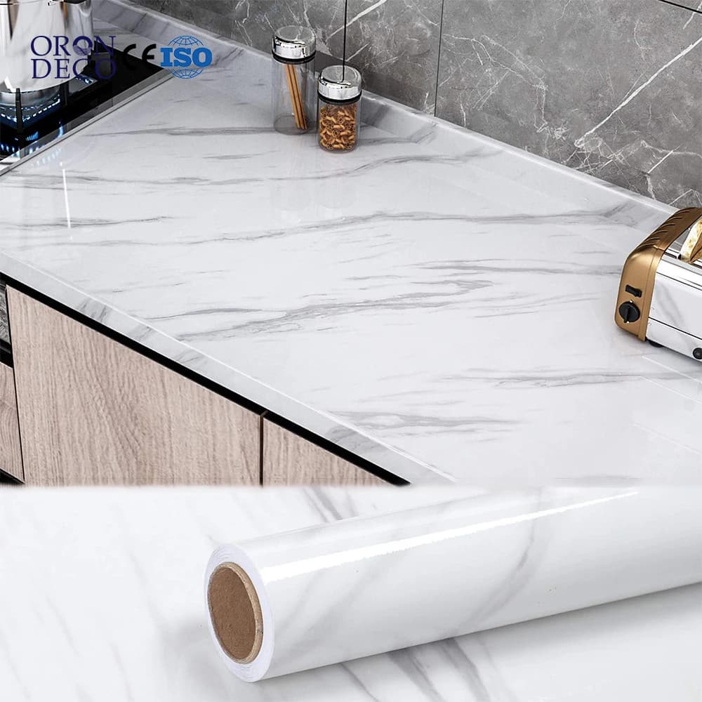 COWINLIFE DECO Glossy White Marble Waterproof Self-Adhesive PVC Wall Stickers for Kitchen Home Decor Vinyl Wallpaper Rolls