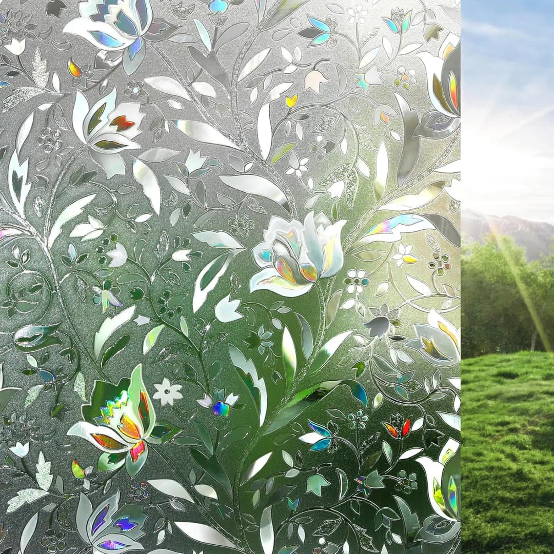 COWINLIFE 3D Flower Stained Privacy Window Film Rainbow Design PVC Self-Adhesive Removable Decorative Sticker for Home & Furniture