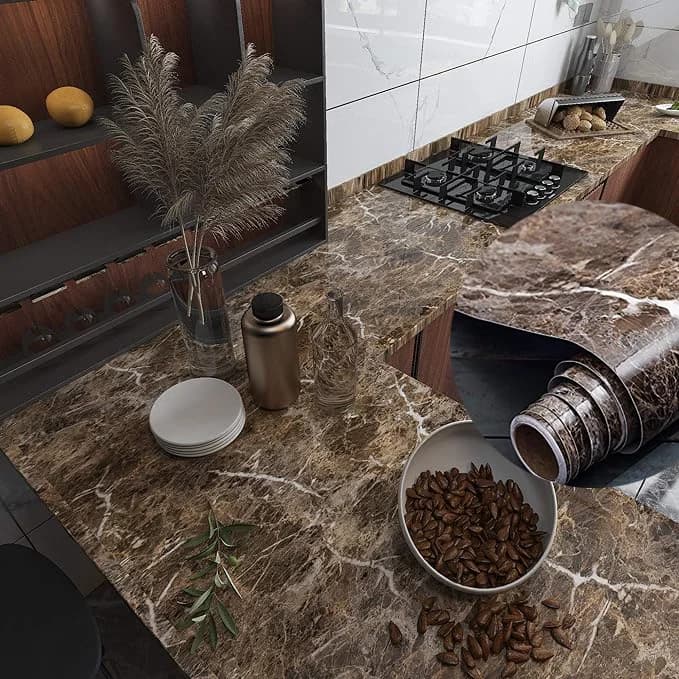 Modern Brown Vinyl Marble Self Adhesive Waterproof Mold-Proof Wallpaper Peel and Stick for Kitchen Countertops and Walls