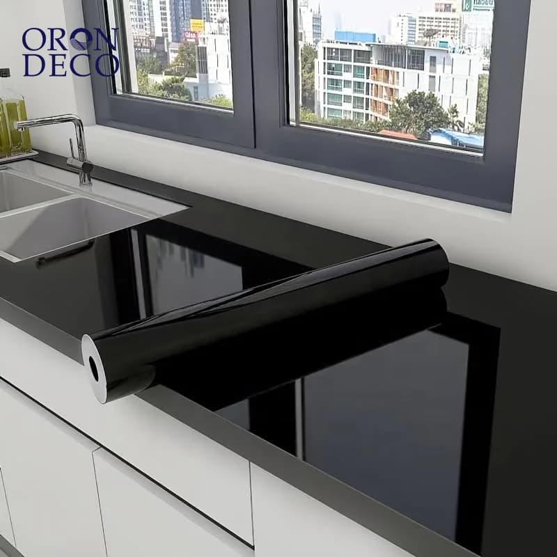 COWINLIFE DECO Modern Kitchen Glossy Peel Stick Black Vinyl Waterproof Removable Wallpaper