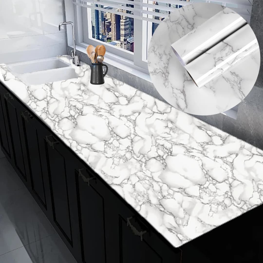 COWINLIFE DECO High Glossy Marble Kitchen & Living Room Waterproof Peel and Stick Self Adhesive Vinyl Wallpaper Home Decoration
