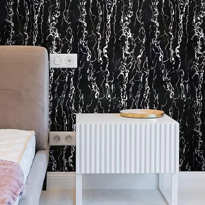 3D Glossy Black Modern Waterproof Marble Self Adhesive Wallpaper PVC Removable for Kitchen Cabinet detail 3