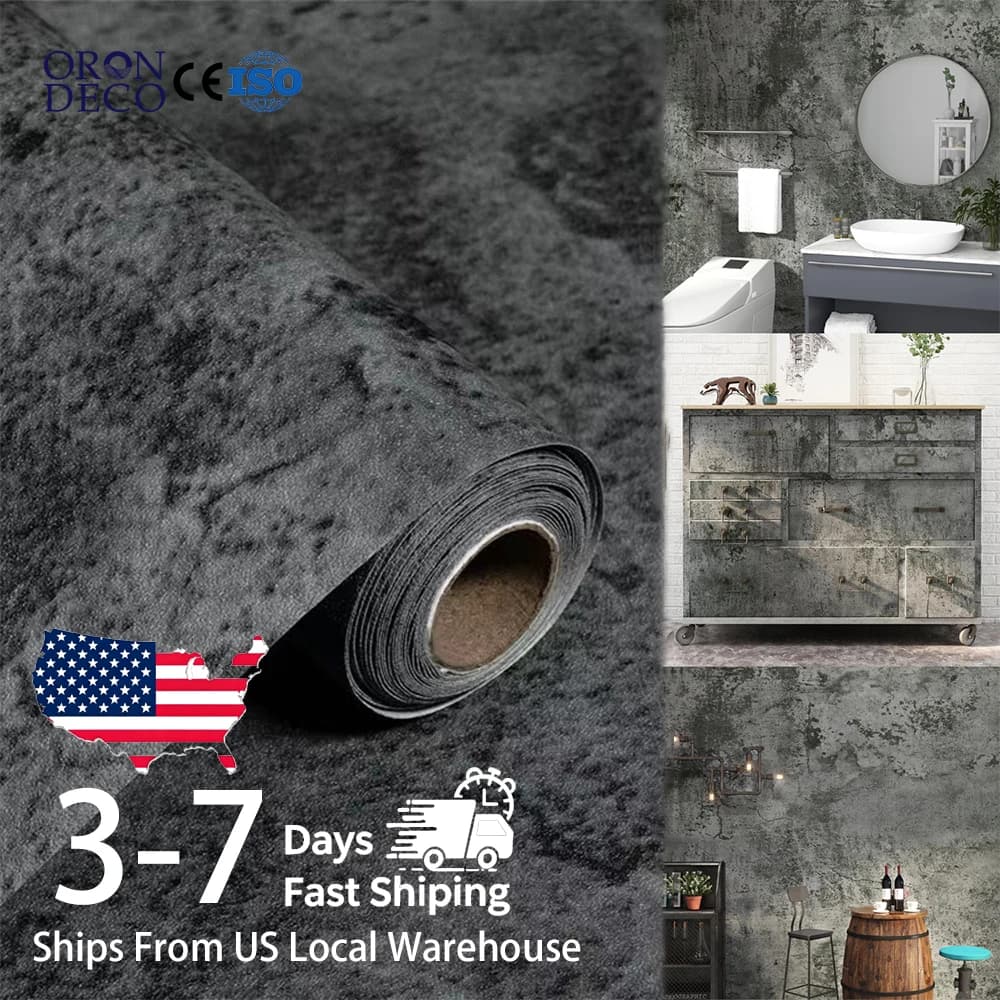 15.75x196.8 Inch Black Cement Wallpaper Rolls Wall Panels Wall Interior Wall Stickers PVC 3d Wallpaper for Kitchen Bathroom Tile