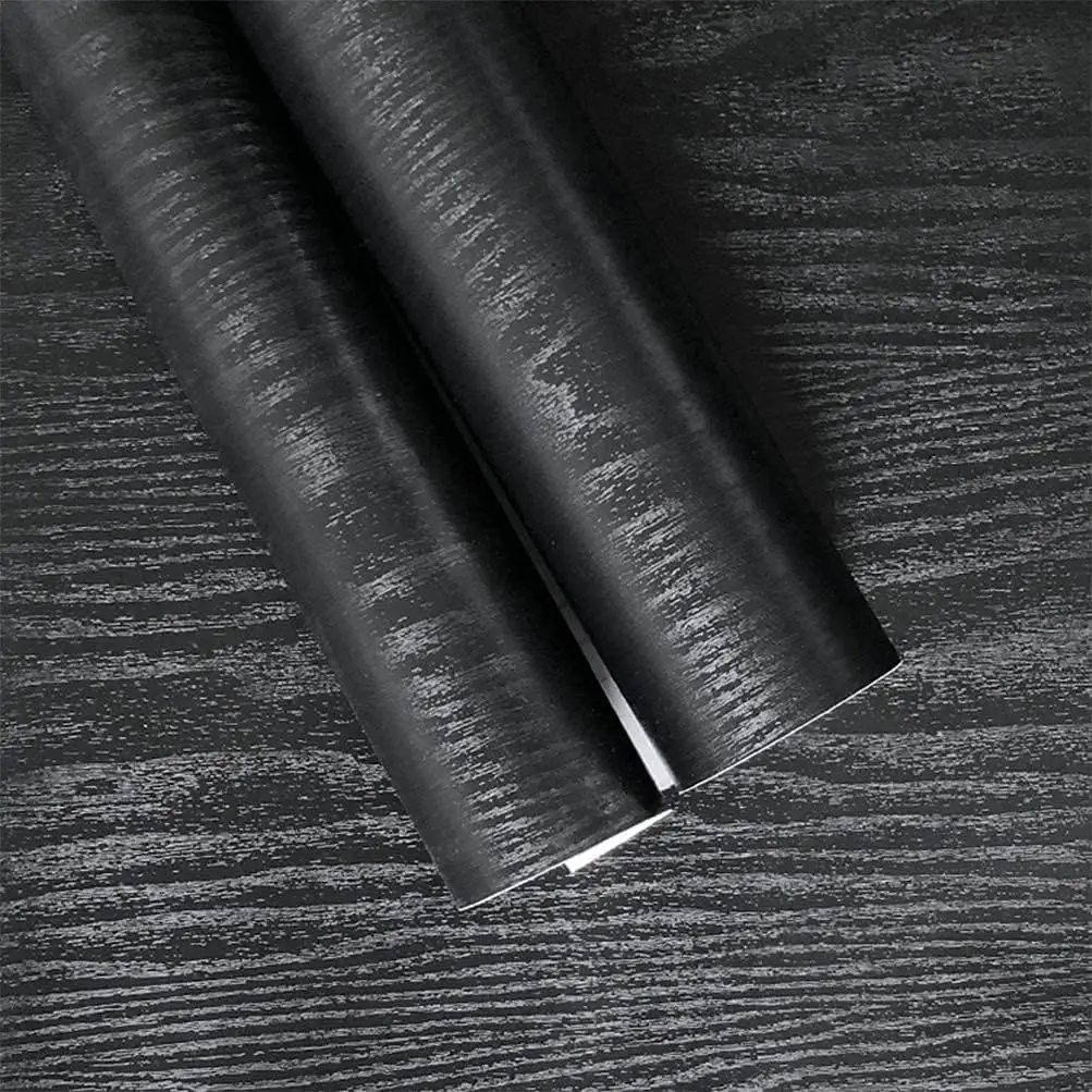 COWINLIFE Modern Matte Black Waterproof Removable Peel and Stick Self Adhesive Wood Pattern Wallpaper Rolls for Furniture Cabinets
