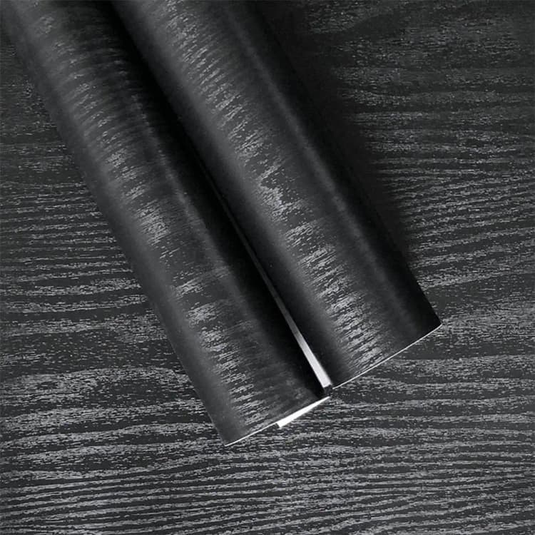 COWINLIFE Modern Matte Black Waterproof Removable Peel and Stick Self Adhesive Wood Pattern Wallpaper Rolls for Furniture Cabinets detail 1