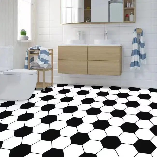 Factory Price Waterproof 3D Black White Vinyl Flooring Stickers PVC Self Adhesive Anti-Slip Removable Indoor Bathroom Floor detail 3