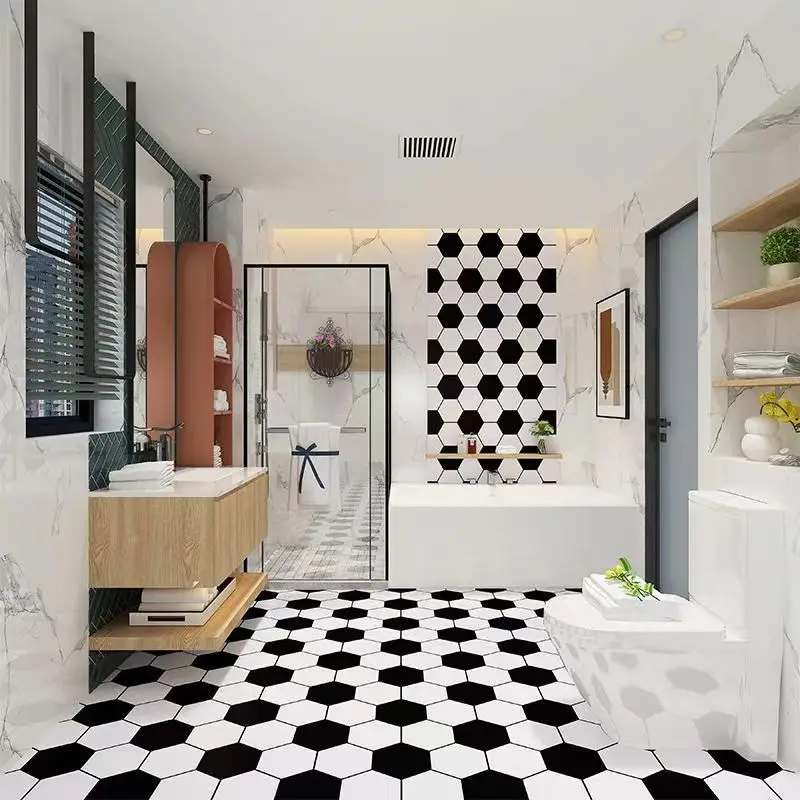 Factory Price Waterproof 3D Black White Vinyl Flooring Stickers PVC Self Adhesive Anti-Slip Removable Indoor Bathroom Floor detail 4