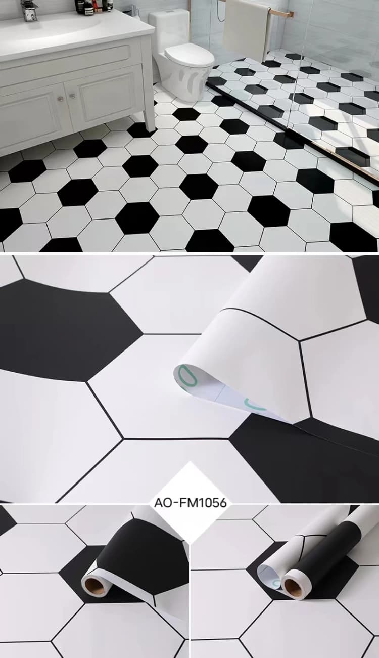 Factory Price Waterproof 3D Black White Vinyl Flooring Stickers PVC Self Adhesive Anti-Slip Removable Indoor Bathroom Floor detail 6