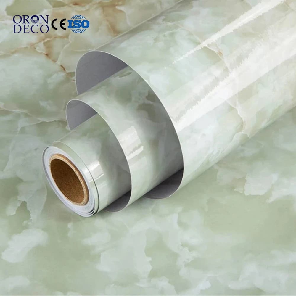 COWINLIFE Modern Glossy Green Marble Waterproof PVC Vinyl Self-Adhesive Wall Sticker for Kitchen Bathroom Living Room & Gym