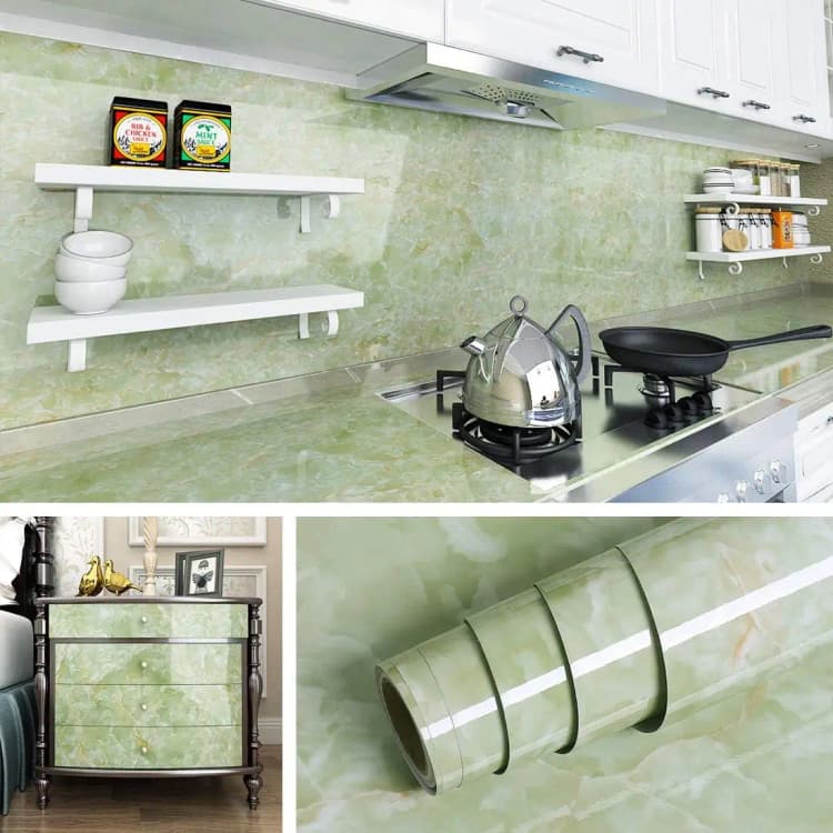 COWINLIFE Modern Glossy Green Marble Waterproof PVC Vinyl Self-Adhesive Wall Sticker for Kitchen Bathroom Living Room & Gym detail 4