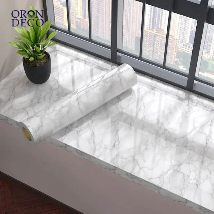 COWINLIFE DECO Glossy Modern Kitchen Wall Paper White Peel Stick Self Adhesive Waterproof Marble Sticker for Countertops Wall detail 1