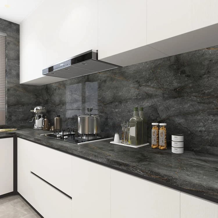 COWINLIFE Modern Dark Grey 3D Glossy PVC Vinyl Marble Sticker Peel Stick Wallpaper Removable Self-Adhesive for Kitchen Home Decor detail 2