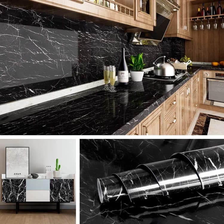 COWINLIFE Hot Selling Black Self Adhesive Modern Waterproof PVC Mould-Proof Marble Design Wall Paper Roll for Kitchen Home Decor detail 3