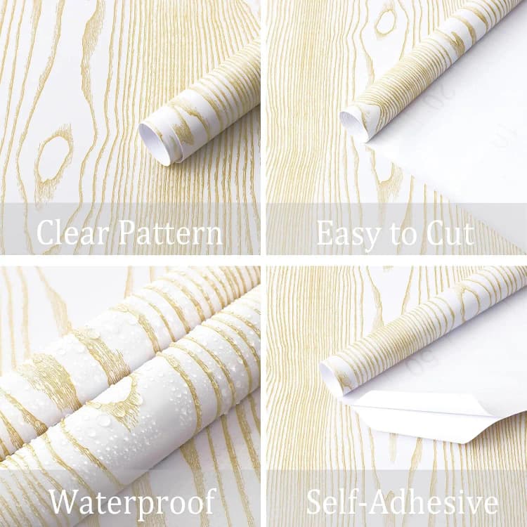 COWINLIFE DECO Modern Gold White Waterproof Self-Adhesive Wood Grain PVC Removable Wallpaper for Household Use detail 6