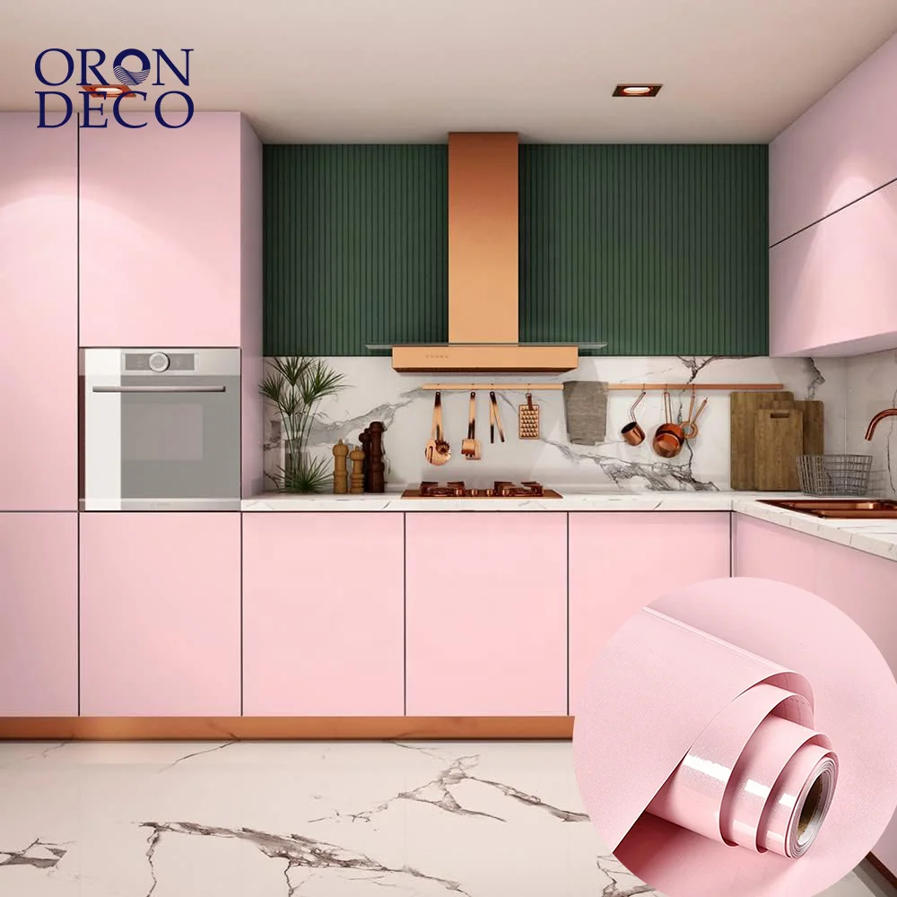 COWINLIFE DECO Modern Pink Glitter Glossy Self-Adhesive PVC Vinyl Wallpaper Waterproof & Soundproof Peel & Stick for Kitchen Cabinets