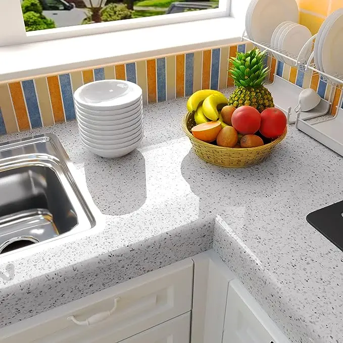 COWINLIFE DECO Waterproof Glossy White Granite Peel Stick Marble Sticker Self Adhesive Film Contact Paper for Kitchen Countertops detail 4