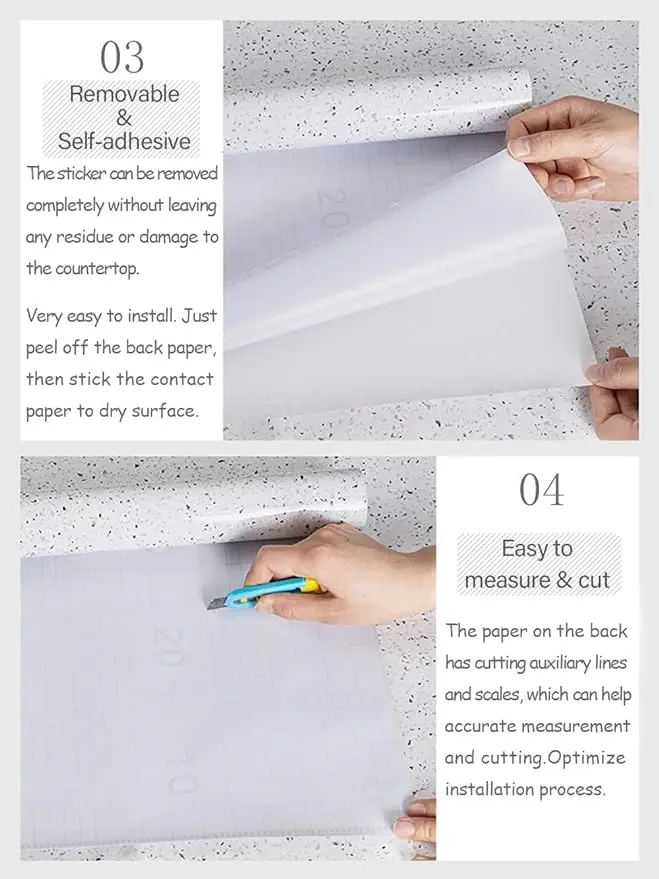 COWINLIFE DECO Waterproof Glossy White Granite Peel Stick Marble Sticker Self Adhesive Film Contact Paper for Kitchen Countertops detail 6