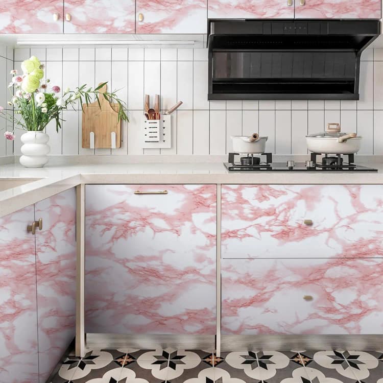 COWINLIFE DECO Waterproof Pink Vinyl Marble Sticker Peel and Stick Kitchen Wall Sticker PVC Self Adhesive Wallpaper Kitchen Wrap detail 4