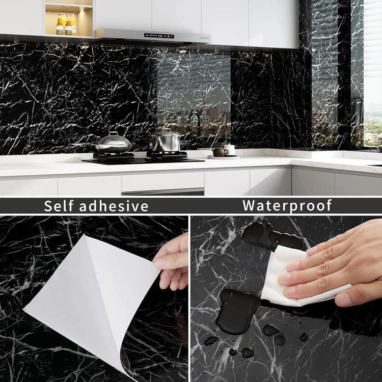 COWINLIFE Modern Black Peel and Stick Waterproof PVC Self Adhesive Marble Design Wall Paper Rolls for Kitchen Mold-Proof Wall Decor detail 2
