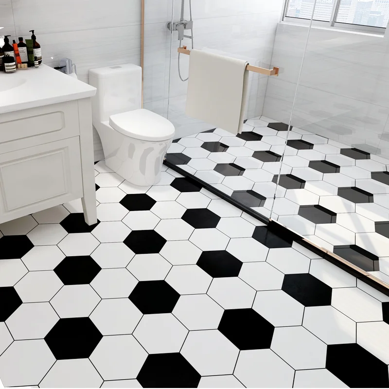 COWINLIFE DECO PVC Waterproof 3D Black White Self Adhesive Vinyl Flooring Stickers for Indoor Bathroom