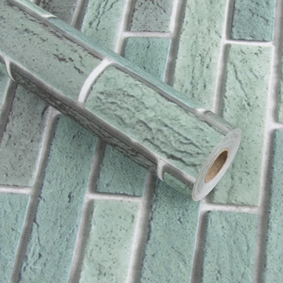 COWINLIFE DECO Modern High Quality Green Brick Textured Self Adhesive Waterproof PVC Vinyl Peel Stick Wall Sticker Wallpaper Rolls