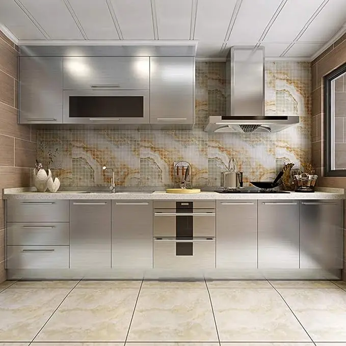 Silver Metallic PVC Wallpaper Peel and Stick Waterproof Brushed Self Adhesive for Refrigerator Kitchen Modern Design