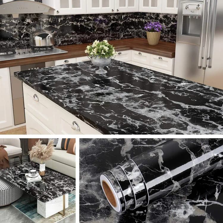 COWINLIFE DECO Black Marble Self Adhesive Waterproof Kitchen Wall Stickers PVC 3D Wall Paper Rolls detail 2