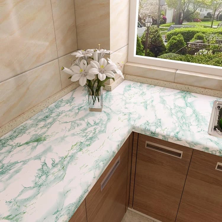 COWINLIFE DECO Glossy Green Peel Stick Removable Marble Sticker Wallpaper Self Adhesive Waterproof for Bathroom Kitchen Living Room detail 2