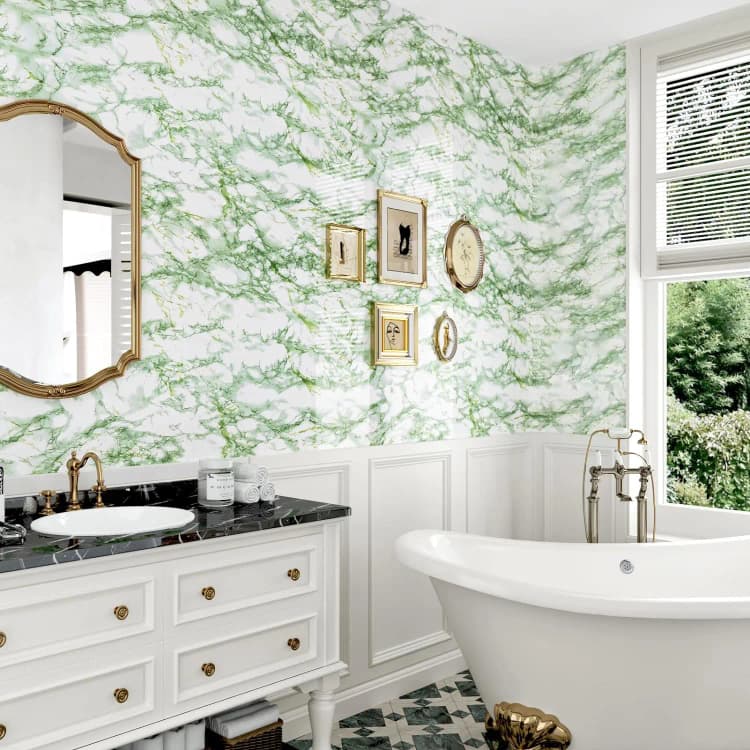 COWINLIFE DECO Glossy Green Peel Stick Removable Marble Sticker Wallpaper Self Adhesive Waterproof for Bathroom Kitchen Living Room detail 5