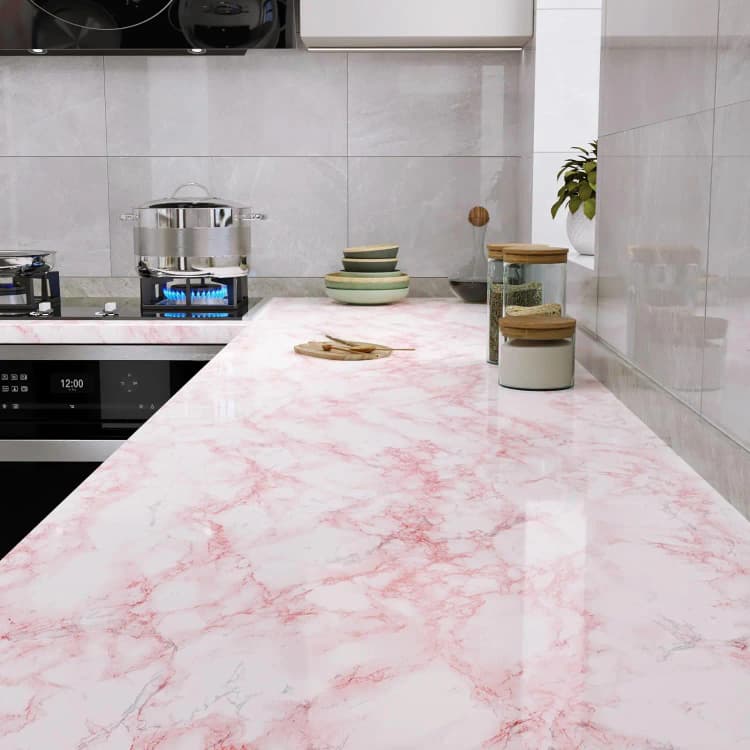 COWINLIFE DECO Modern Waterproof Glossy Pink Kitchen Wall Sticker Peel and Stick PVC Self Adhesive Marble Sticker Wallpaper detail 3