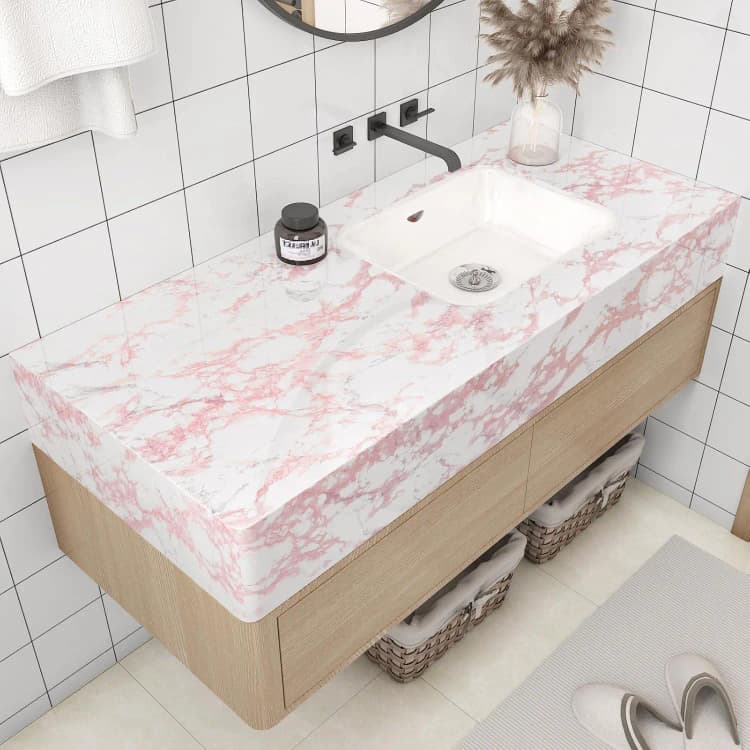 COWINLIFE DECO Modern Waterproof Glossy Pink Kitchen Wall Sticker Peel and Stick PVC Self Adhesive Marble Sticker Wallpaper detail 6