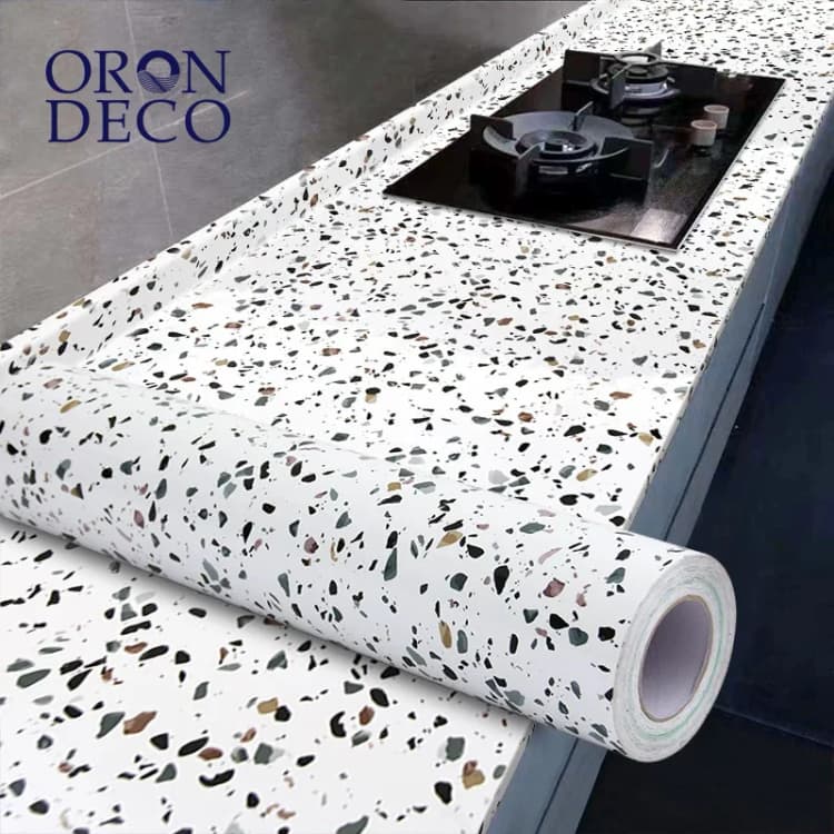 COWINLIFE DECO Modern White Marble Sticker Granite Waterproof Vinyl Terrazzo Wallpaper Peel and Stick Hotel Kitchen Wall Paper detail 1