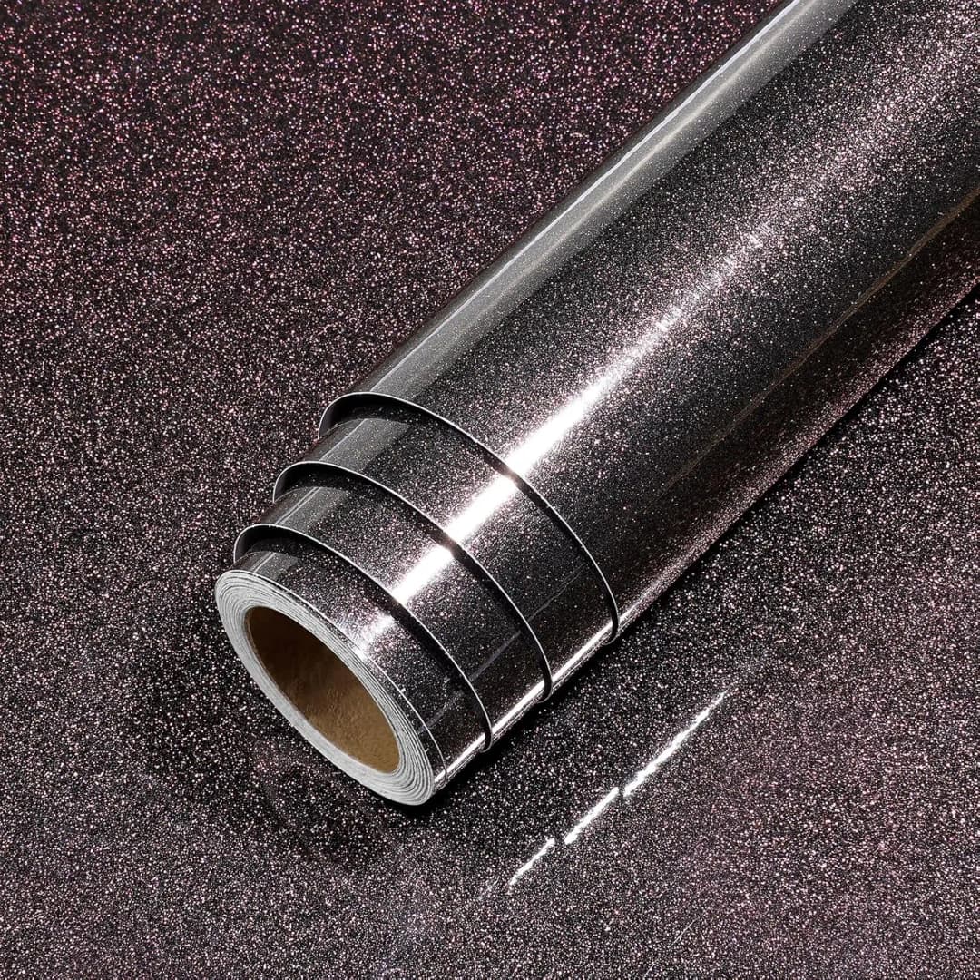 Luxury Black Glossy Glitter Self-Adhesive Wallpaper Waterproof Peel & Stick Vinyl Film for Kitchen Cabinet Decor 24Inch X196Inch