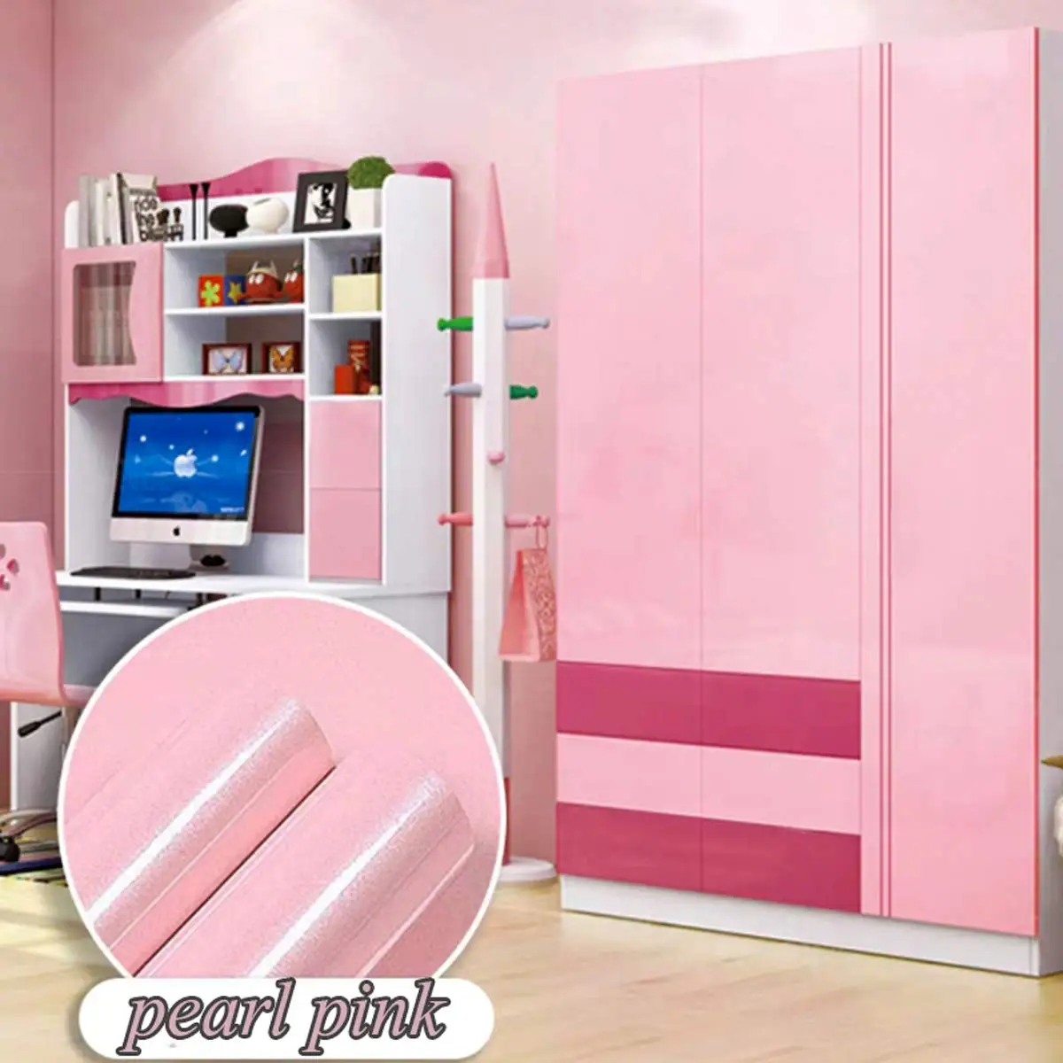 China Luxury Glitter Glossy Cupboard Kitchen Cabinet Pvc Wallpaper Pink Color Waterproof Self Adhesive Peel and Stick Wall Paper detail 4