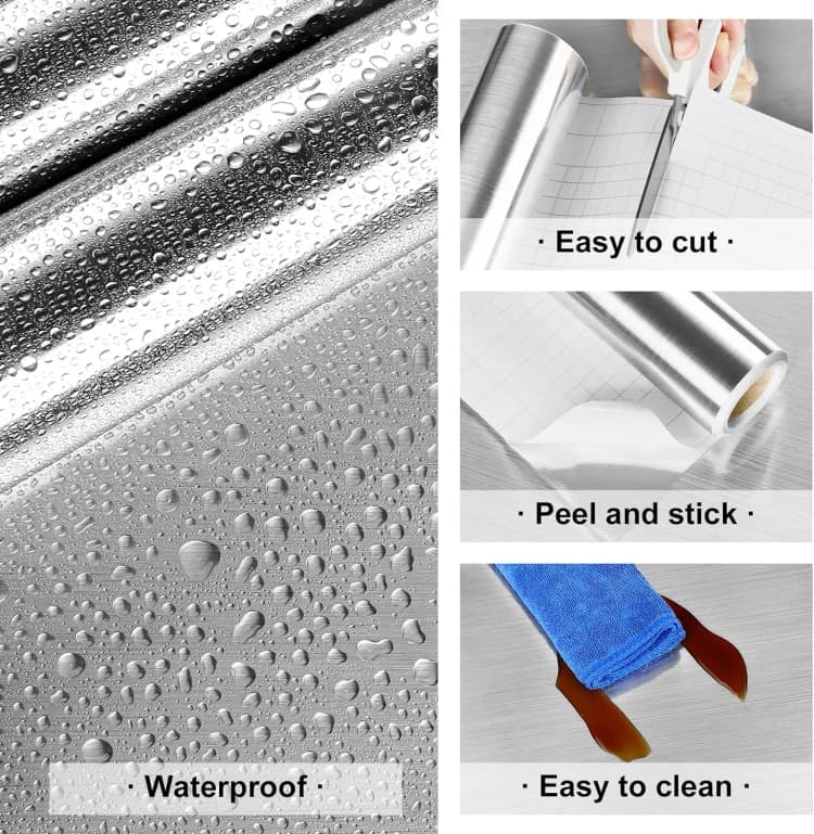 COWINLIFE DECO Silver Metallic Brush Stainless Steel Self-Adhesive Vinyl Wallpaper Sticker Waterproof Peel Stick Decorative Kitchen detail 6
