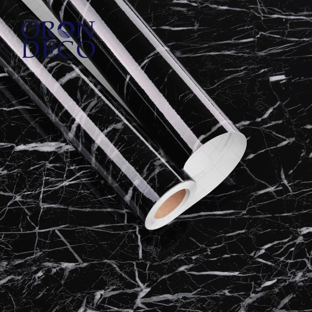 COWINLIFE DECO Glossy Self-Adhesive Removable Waterproof Wallpaper Black PVC Vinyl Marble Sticker Design Peel & Stick for Kitchen