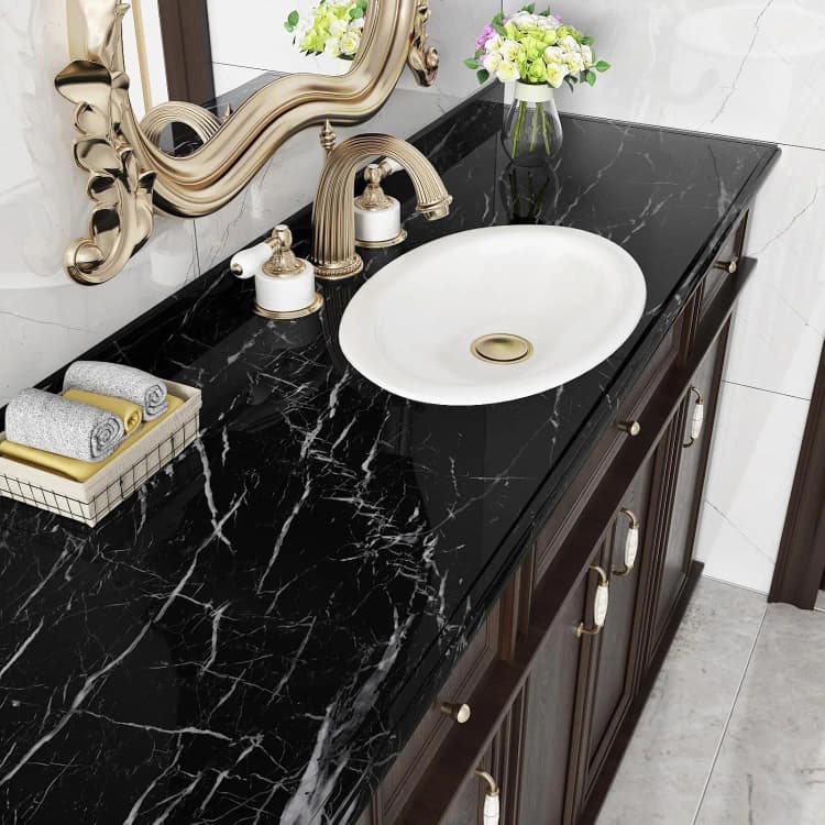 COWINLIFE DECO Glossy Self-Adhesive Removable Waterproof Wallpaper Black PVC Vinyl Marble Sticker Design Peel & Stick for Kitchen detail 5