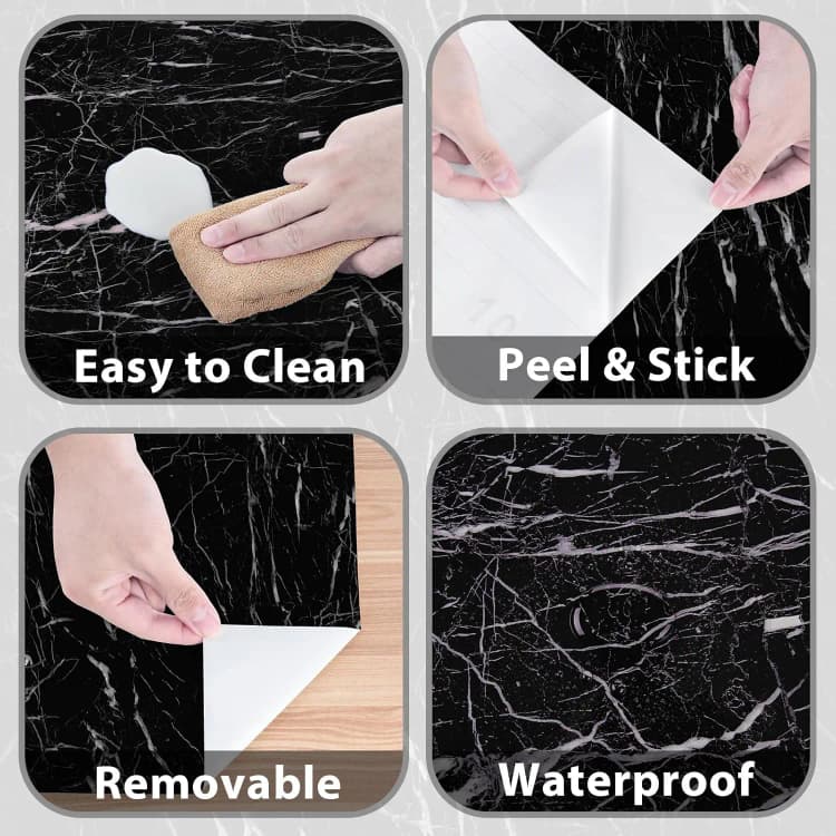 COWINLIFE DECO Glossy Self-Adhesive Removable Waterproof Wallpaper Black PVC Vinyl Marble Sticker Design Peel & Stick for Kitchen detail 6