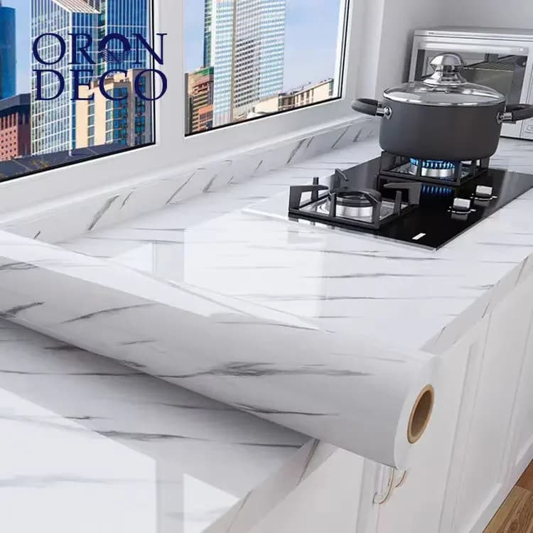COWINLIFE DECO 3D White PVC Vinyl Marble Sticker Wallpaper Peel & Stick Self-Adhesive Waterproof Wall Covering for Kitchen Cabinets