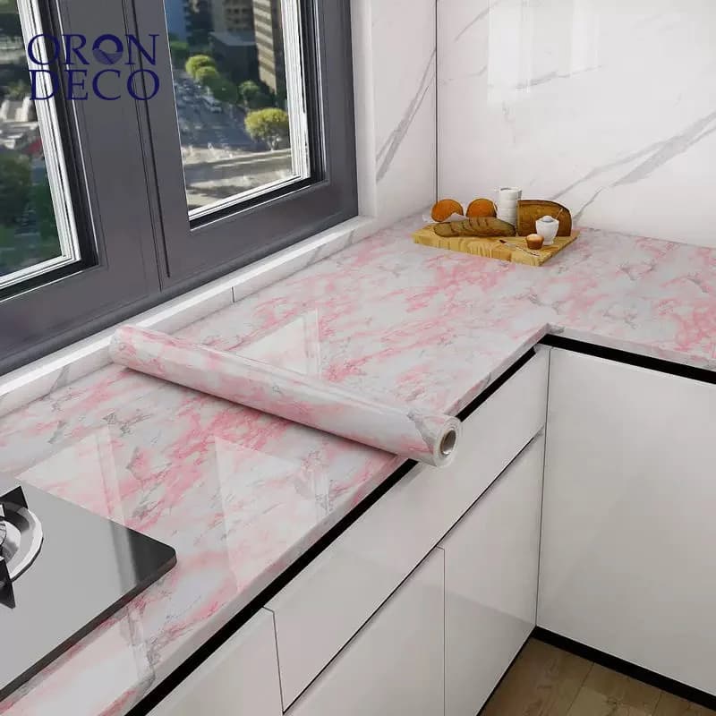 COWINLIFE DECO Glossy Pink Marble Wallpaper Self-Adhesive PVC Wall Sticker Modern Design Waterproof Peel and Stick for Home Kitchen