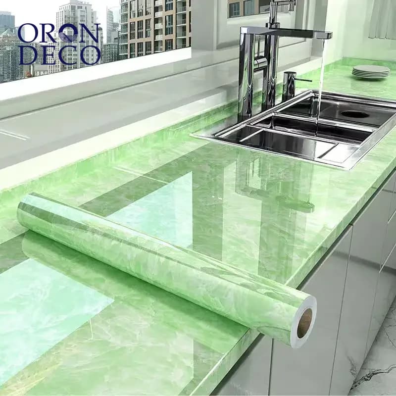 COWINLIFE DECO Green Glossy Waterproof Marble Sticker Wallpaper Self-Adhesive 3D Peel Stick Modern Style for Hotel Kitchen Decor