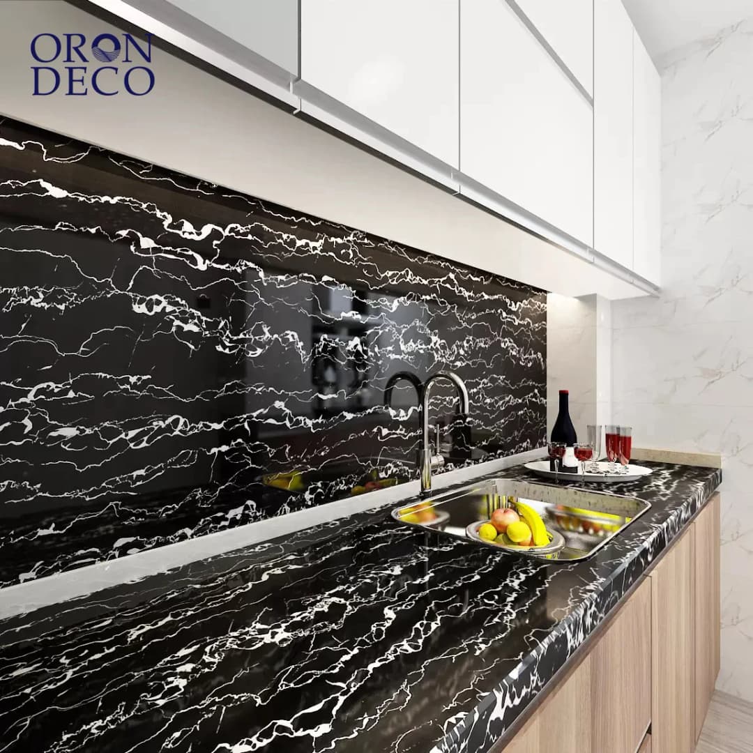 COWINLIFE DECO Glossy PVC Self-Adhesive Removable Wallpaper Black White Marble Sticker for Kitchen Bathroom Peel Stick Wallpapers
