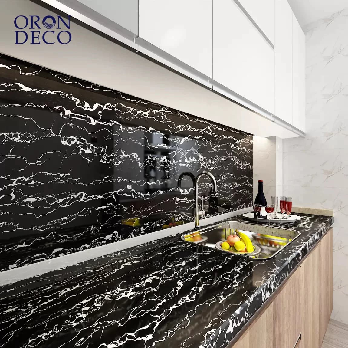 COWINLIFE DECO Glossy PVC Self-Adhesive Removable Wallpaper Black White Marble Sticker for Kitchen Bathroom Peel Stick Wallpapers
