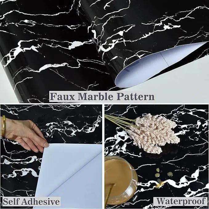 Black and White Marble Wallpaper Glossy PVC Self  Adhesive Removable Kitchen Bathroom Cabinets Waterproof  Countertop Wallpaper detail 6